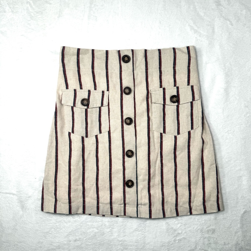 Blu Pepper‎ Linen Blend Short Skirt Size XS Button Front Striped Beige Navy Red